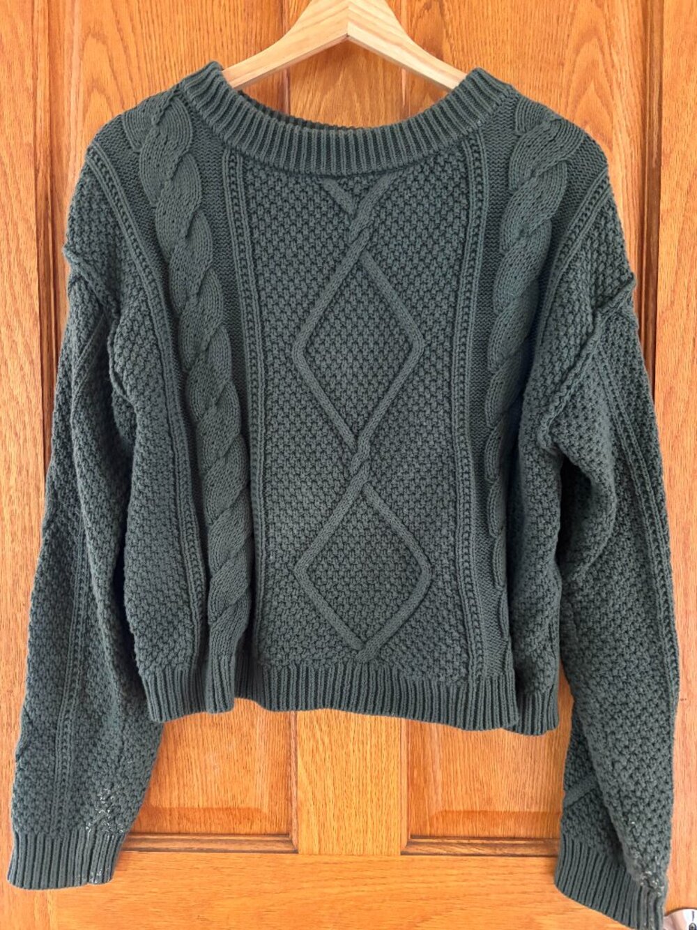 Quince 100% Cotton  Crew Cable Sweater in Green M